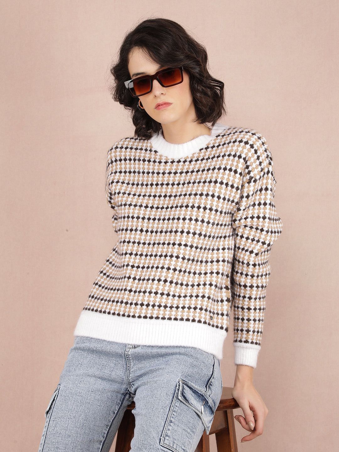 Brown Jacquard Acrylic Sweater-Women Sweaters-Crimsoune Club