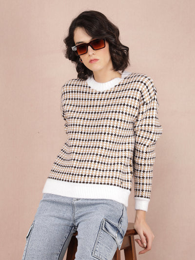 Brown Jacquard Acrylic Sweater-Women Sweaters-Crimsoune Club