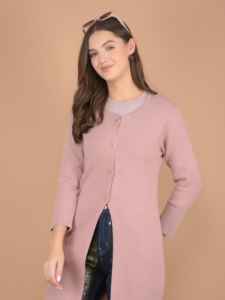Pink Knee Length Cardigan-Women Sweaters-Crimsoune Club