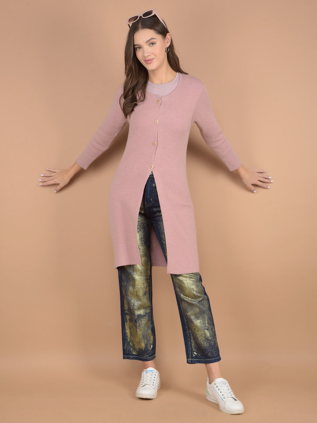 Pink Knee Length Cardigan-Women Sweaters-Crimsoune Club