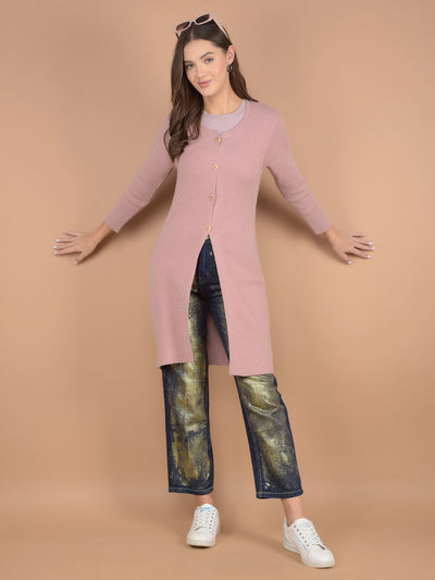 Pink Knee Length Cardigan-Women Sweaters-Crimsoune Club