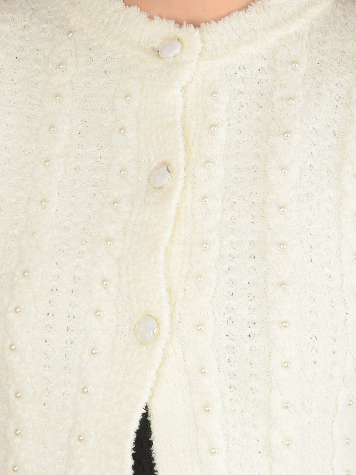Off White Embellished Cardigan-Women Sweaters-Crimsoune Club