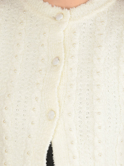 Off White Embellished Cardigan-Women Sweaters-Crimsoune Club