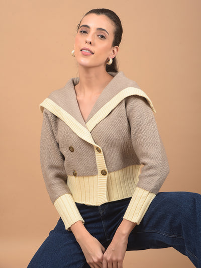 Brown Jacquard 100% Acrylic V-Neck Cardigan-Women Cardigans-Crimsoune Club