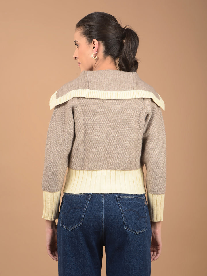 Brown Jacquard 100% Acrylic V-Neck Cardigan-Women Cardigans-Crimsoune Club