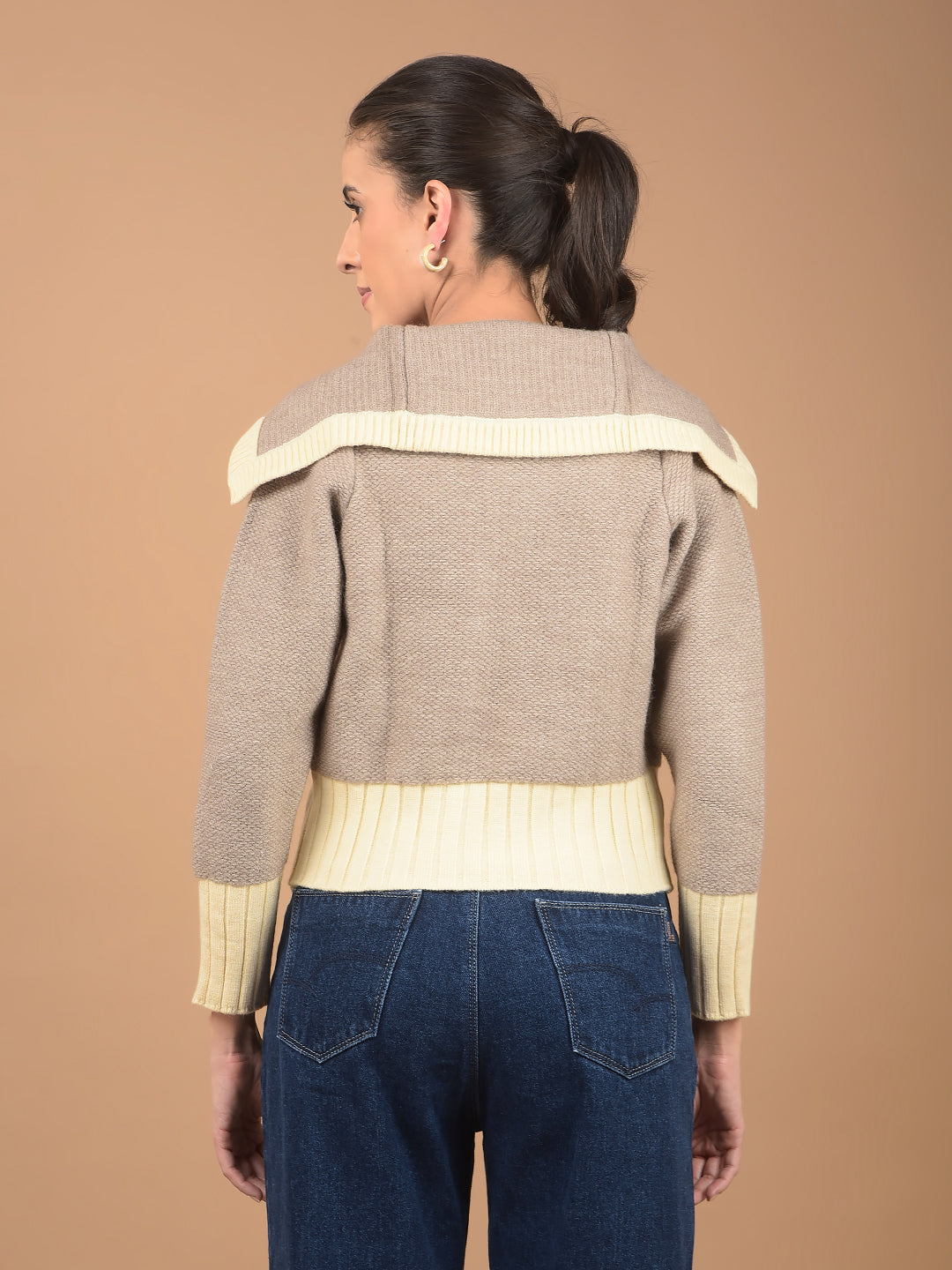 Brown Jacquard 100% Acrylic V-Neck Cardigan-Women Cardigans-Crimsoune Club