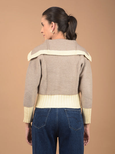 Brown Jacquard 100% Acrylic V-Neck Cardigan-Women Cardigans-Crimsoune Club