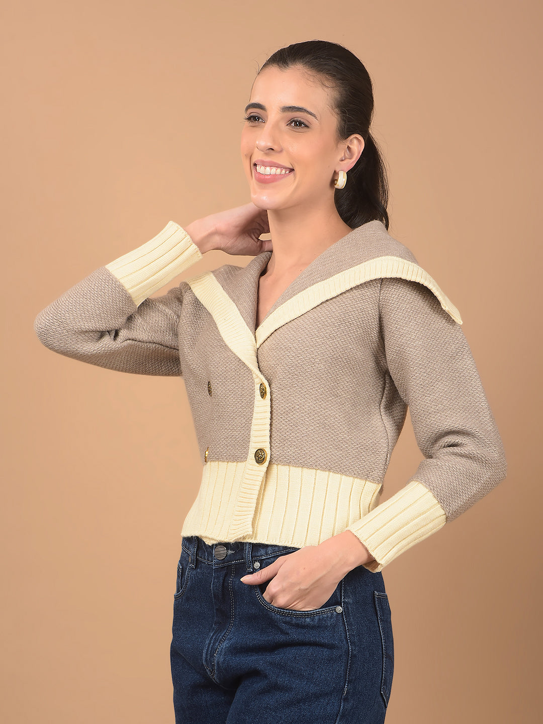 Brown Jacquard 100% Acrylic V-Neck Cardigan-Women Cardigans-Crimsoune Club