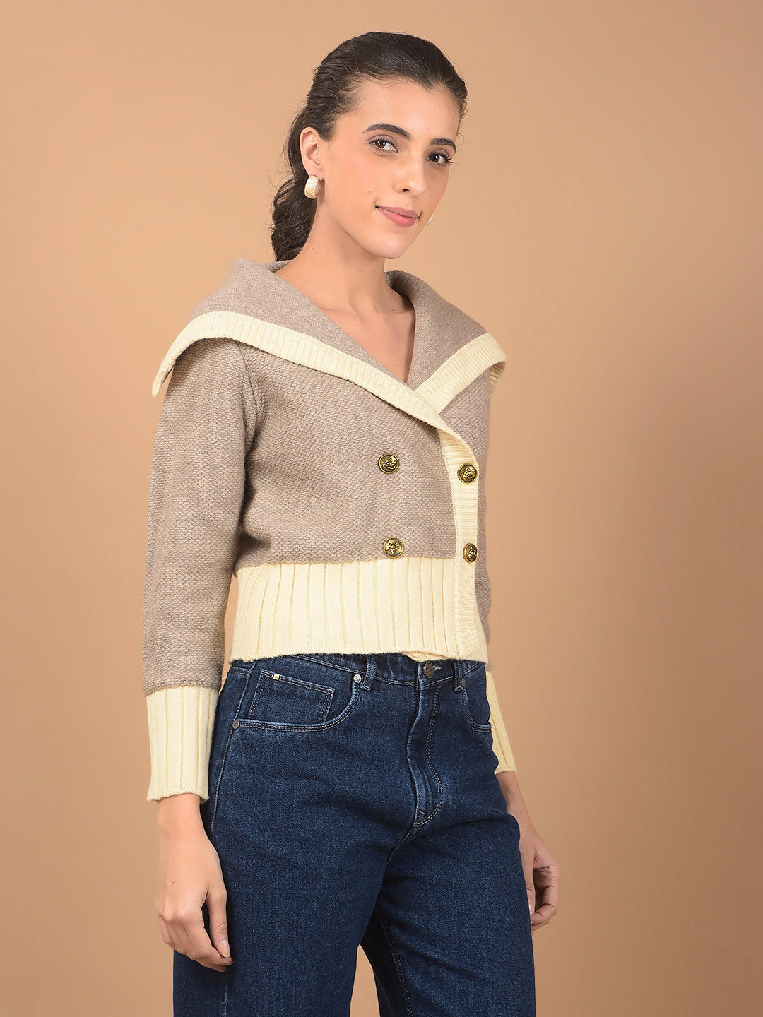 Brown Jacquard 100% Acrylic V-Neck Cardigan-Women Cardigans-Crimsoune Club