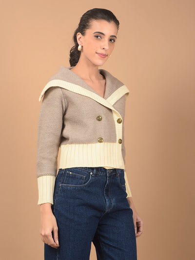 Brown Jacquard 100% Acrylic V-Neck Cardigan-Women Cardigans-Crimsoune Club