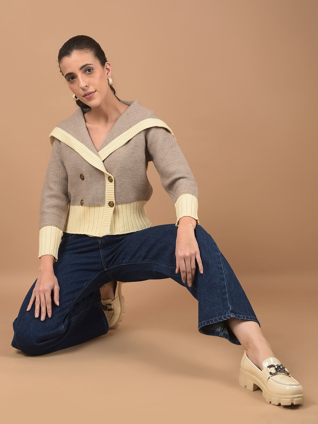 Brown Jacquard 100% Acrylic V-Neck Cardigan-Women Cardigans-Crimsoune Club
