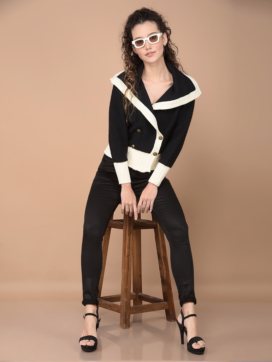 Black Color-Blocked 100% Acrylic Cardigan-Women Cardigans-Crimsoune Club