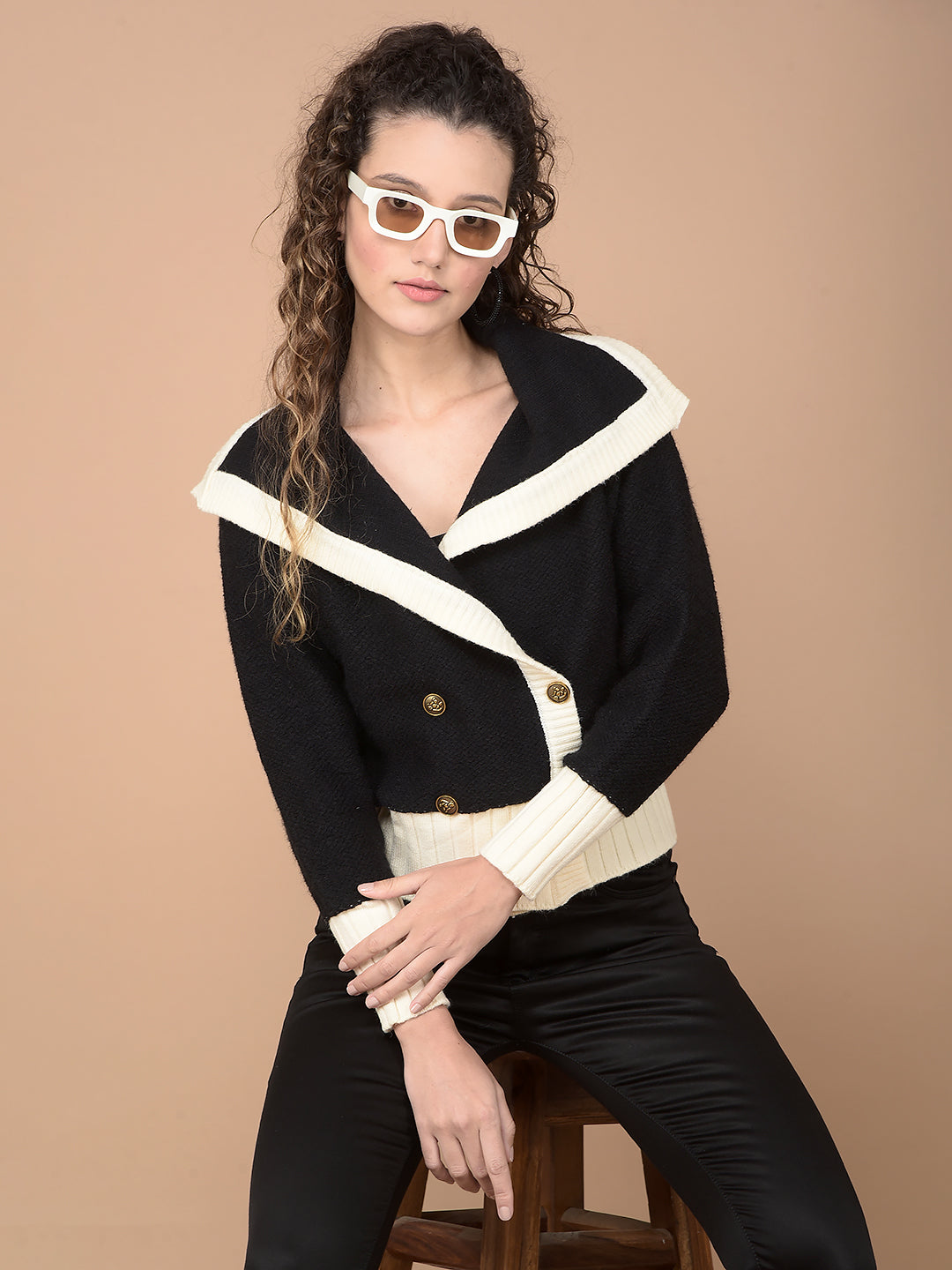 Black Color-Blocked 100% Acrylic Cardigan-Women Cardigans-Crimsoune Club