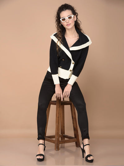 Black Color-Blocked 100% Acrylic Cardigan-Women Cardigans-Crimsoune Club