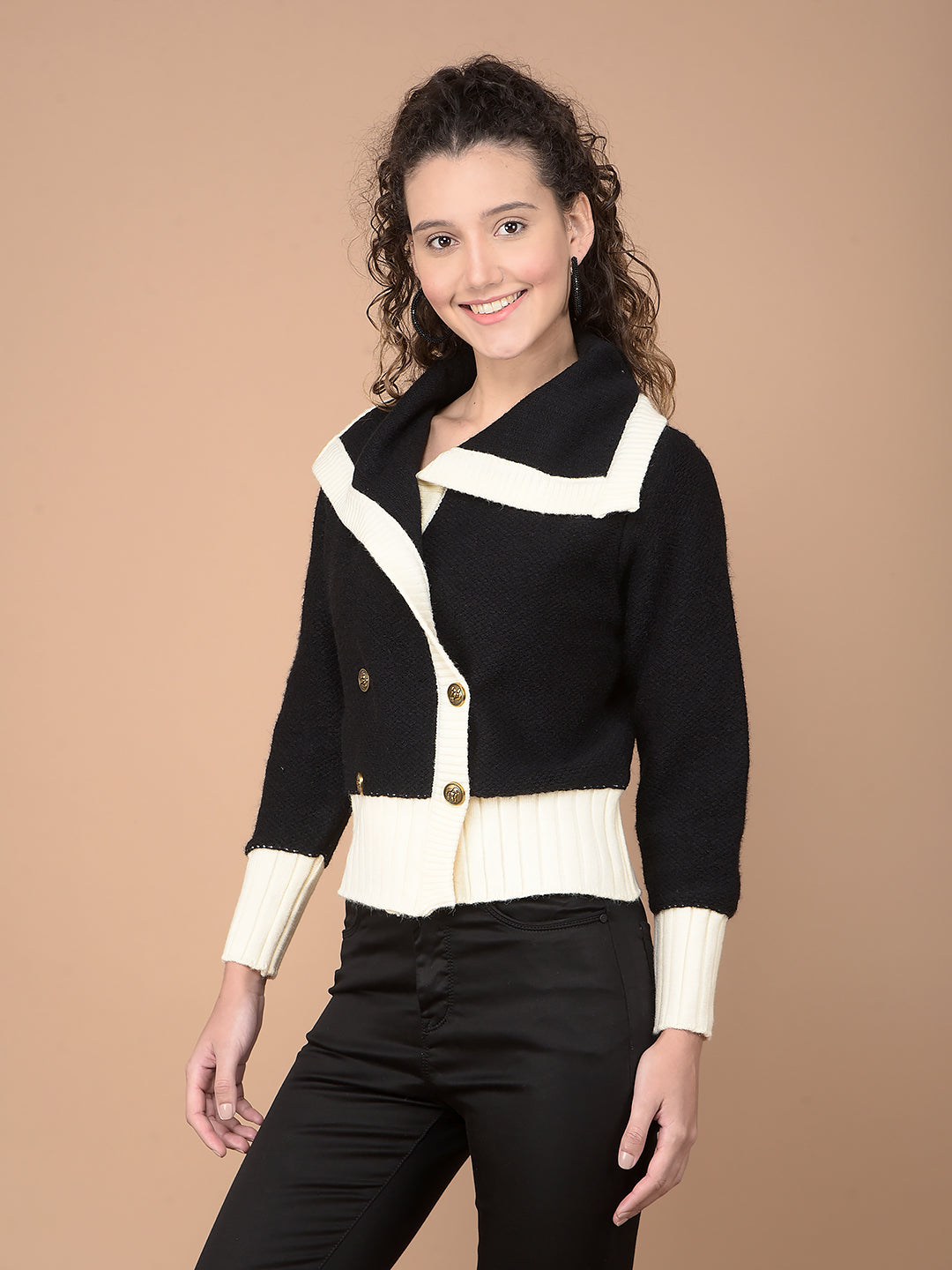 Black Color-Blocked 100% Acrylic Cardigan-Women Cardigans-Crimsoune Club