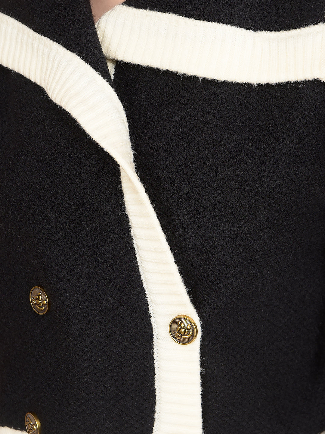 Black Color-Blocked 100% Acrylic Cardigan-Women Cardigans-Crimsoune Club