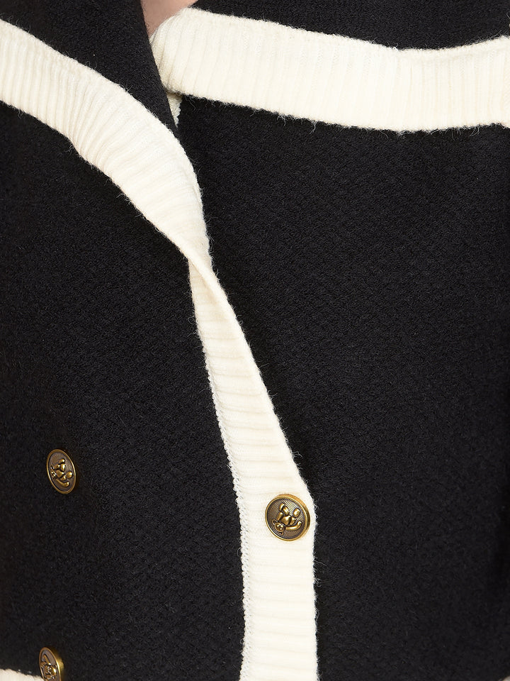 Black Color-Blocked 100% Acrylic Cardigan-Women Cardigans-Crimsoune Club