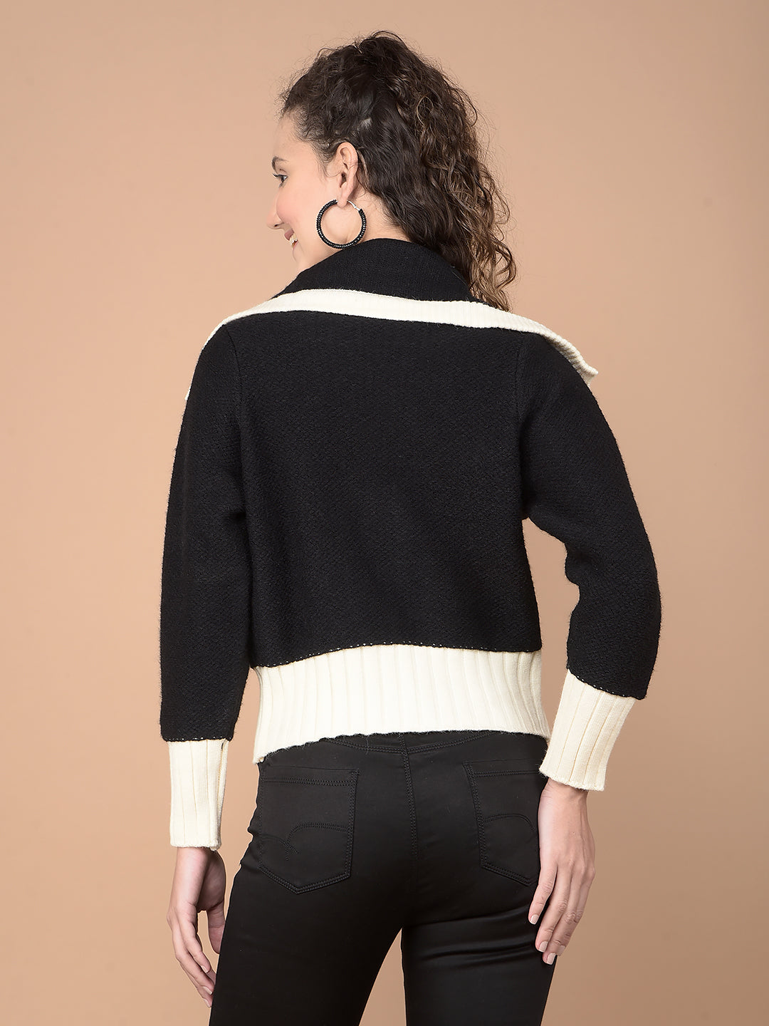 Black Color-Blocked 100% Acrylic Cardigan-Women Cardigans-Crimsoune Club