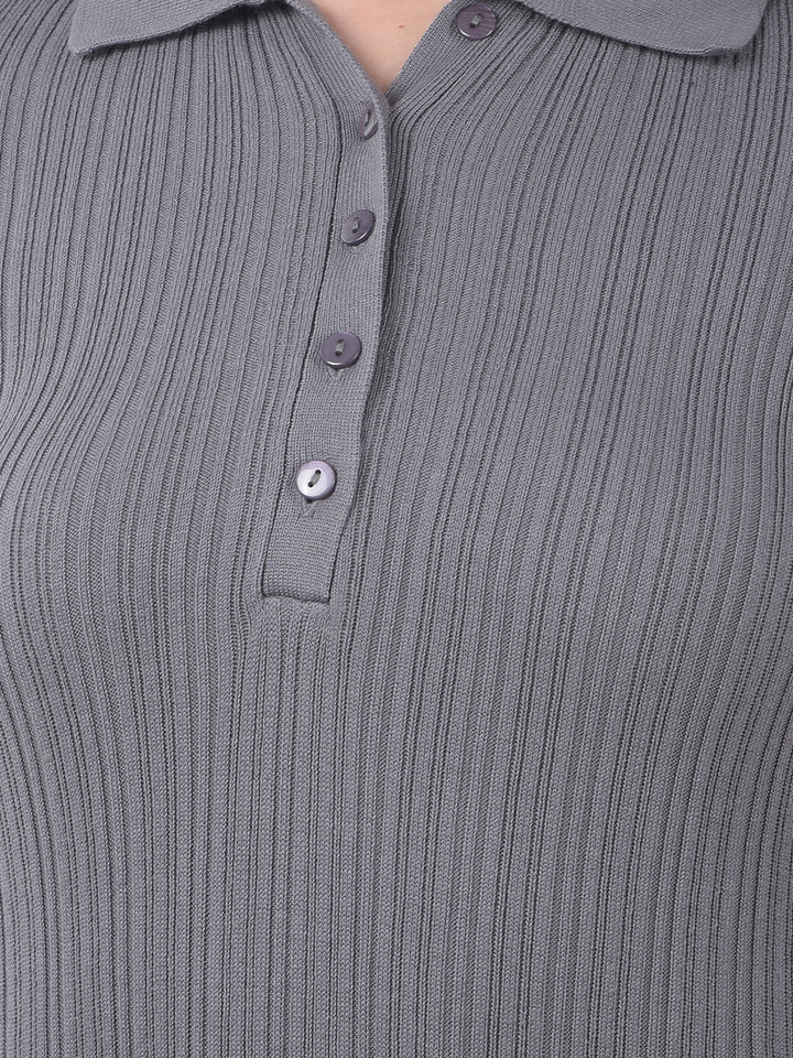 Grey Vertical Stripes Polo Neck Bodycon Dress-Women Dresses-Crimsoune Club