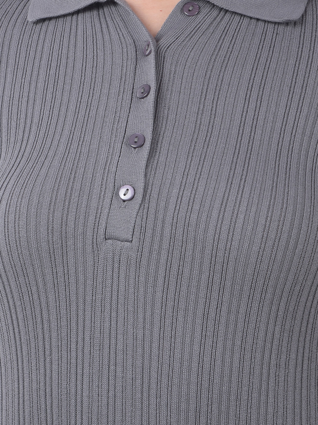 Grey Vertical Stripes Polo Neck Bodycon Dress-Women Dresses-Crimsoune Club