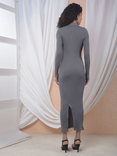 Grey Vertical Stripes Polo Neck Bodycon Dress-Women Dresses-Crimsoune Club