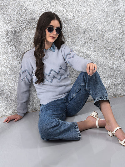 Blue Blush Zigzag Embellished Sweater-Women Sweaters-Crimsoune Club