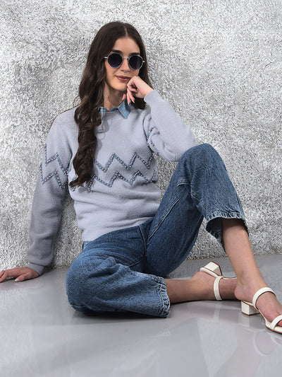 Blue Blush Zigzag Embellished Sweater-Women Sweaters-Crimsoune Club