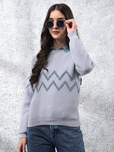 Blue Blush Zigzag Embellished Sweater-Women Sweaters-Crimsoune Club
