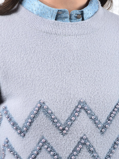 Blue Blush Zigzag Embellished Sweater-Women Sweaters-Crimsoune Club