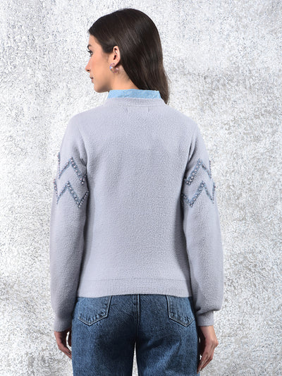 Blue Blush Zigzag Embellished Sweater-Women Sweaters-Crimsoune Club