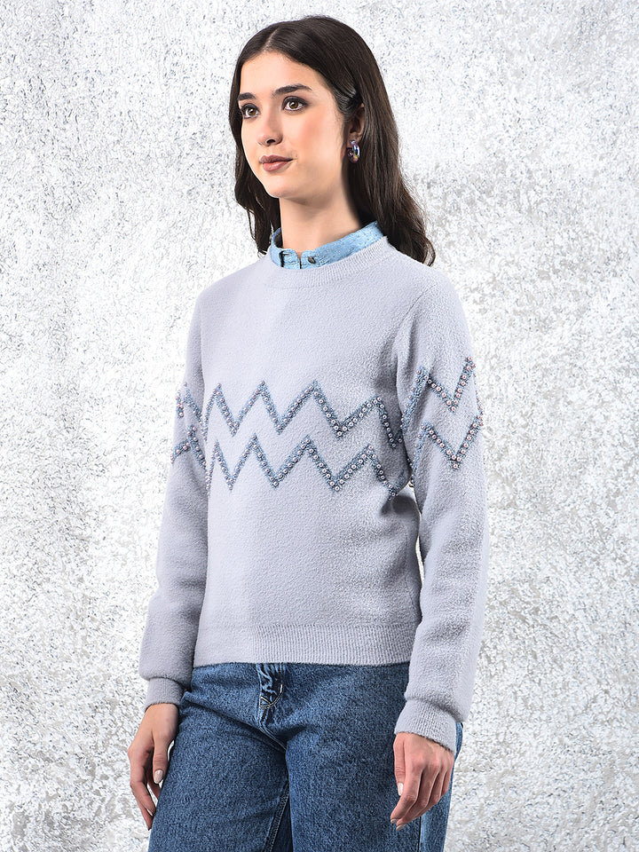 Blue Blush Zigzag Embellished Sweater-Women Sweaters-Crimsoune Club
