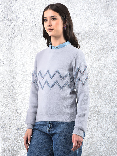 Blue Blush Zigzag Embellished Sweater-Women Sweaters-Crimsoune Club
