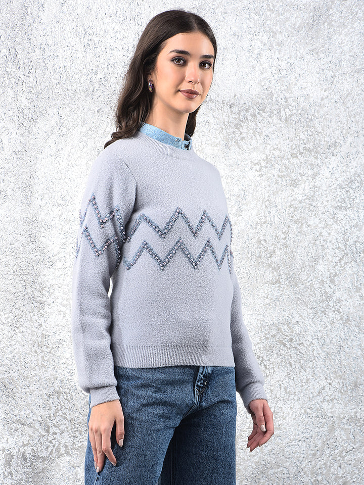 Blue Blush Zigzag Embellished Sweater-Women Sweaters-Crimsoune Club