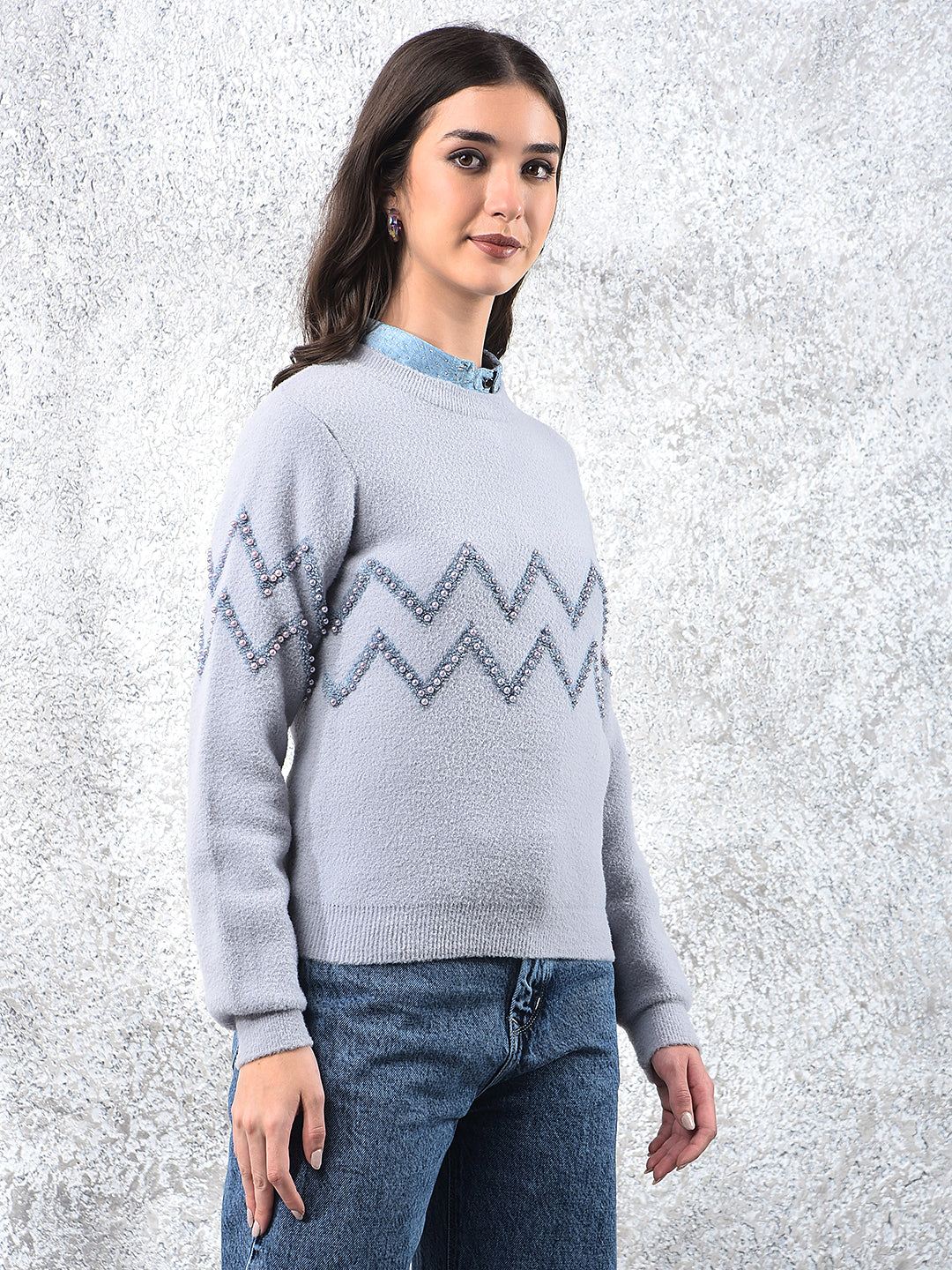Blue Blush Zigzag Embellished Sweater-Women Sweaters-Crimsoune Club