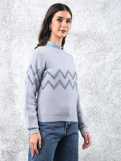 Blue Blush Zigzag Embellished Sweater-Women Sweaters-Crimsoune Club