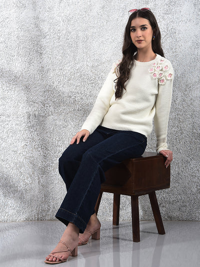 Embroidered Ivory Knit Sweater-Women Sweaters-Crimsoune Club