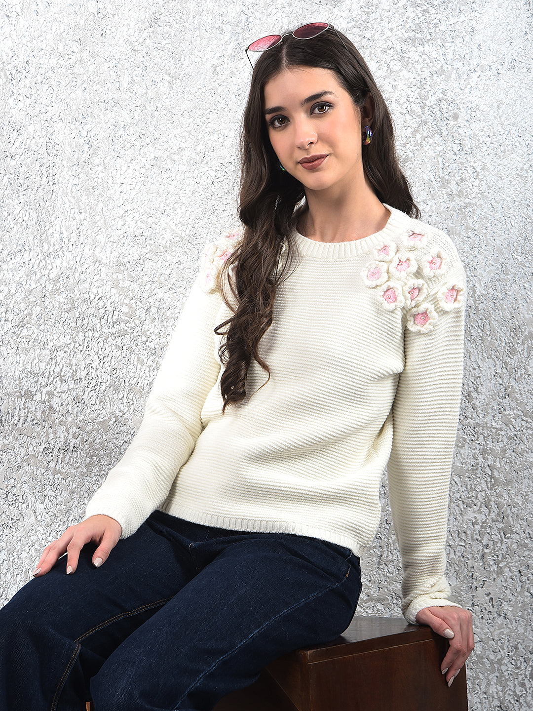 Embroidered Ivory Knit Sweater-Women Sweaters-Crimsoune Club
