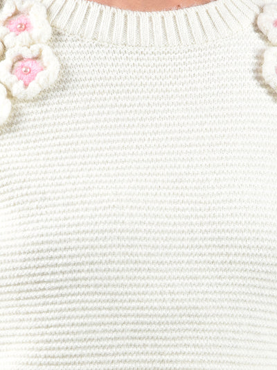 Embroidered Ivory Knit Sweater-Women Sweaters-Crimsoune Club