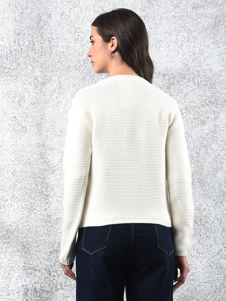 Embroidered Ivory Knit Sweater-Women Sweaters-Crimsoune Club