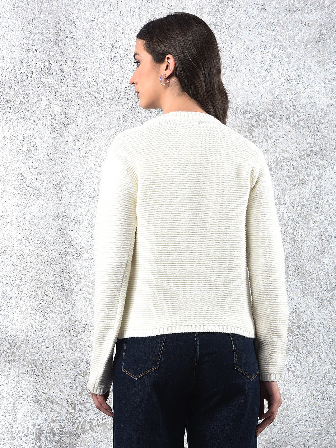 Embroidered Ivory Knit Sweater-Women Sweaters-Crimsoune Club