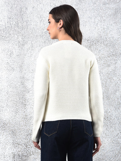 Embroidered Ivory Knit Sweater-Women Sweaters-Crimsoune Club