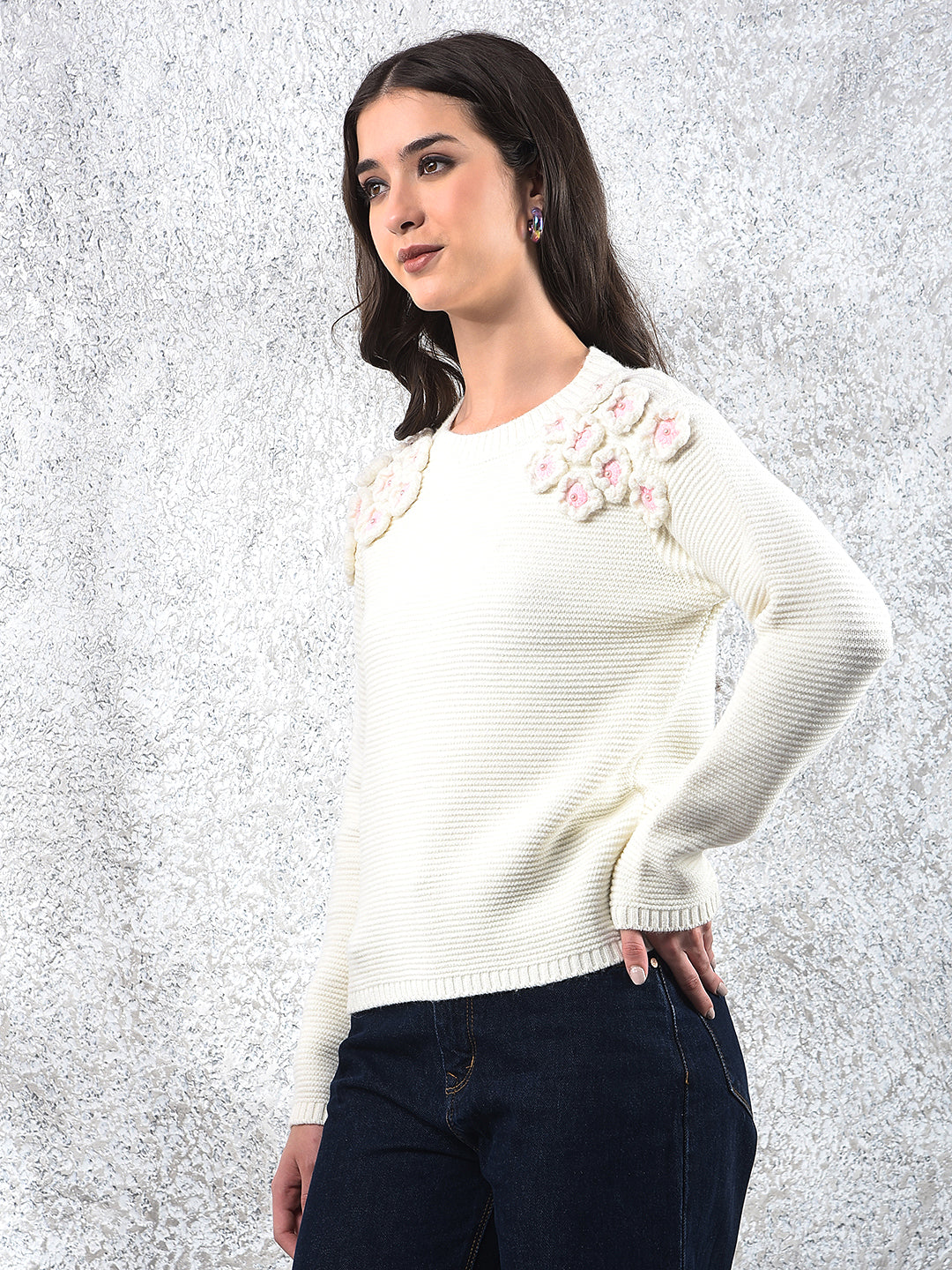 Embroidered Ivory Knit Sweater-Women Sweaters-Crimsoune Club