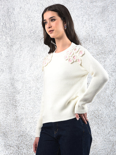 Embroidered Ivory Knit Sweater-Women Sweaters-Crimsoune Club