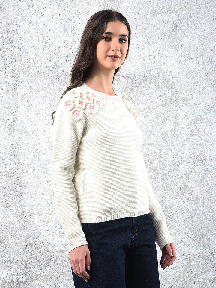 Embroidered Ivory Knit Sweater-Women Sweaters-Crimsoune Club