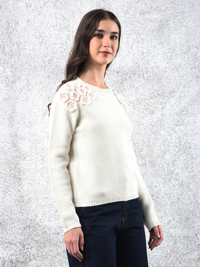 Embroidered Ivory Knit Sweater-Women Sweaters-Crimsoune Club
