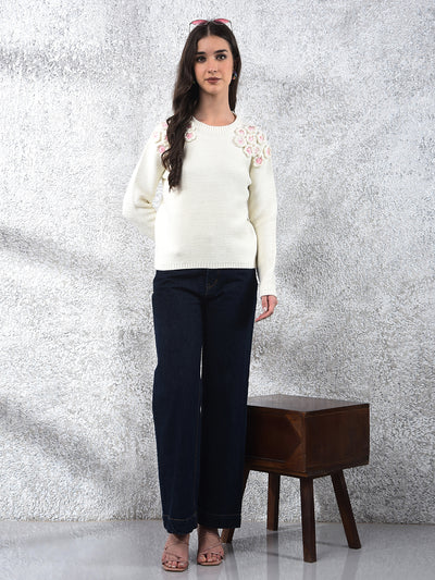 Embroidered Ivory Knit Sweater-Women Sweaters-Crimsoune Club