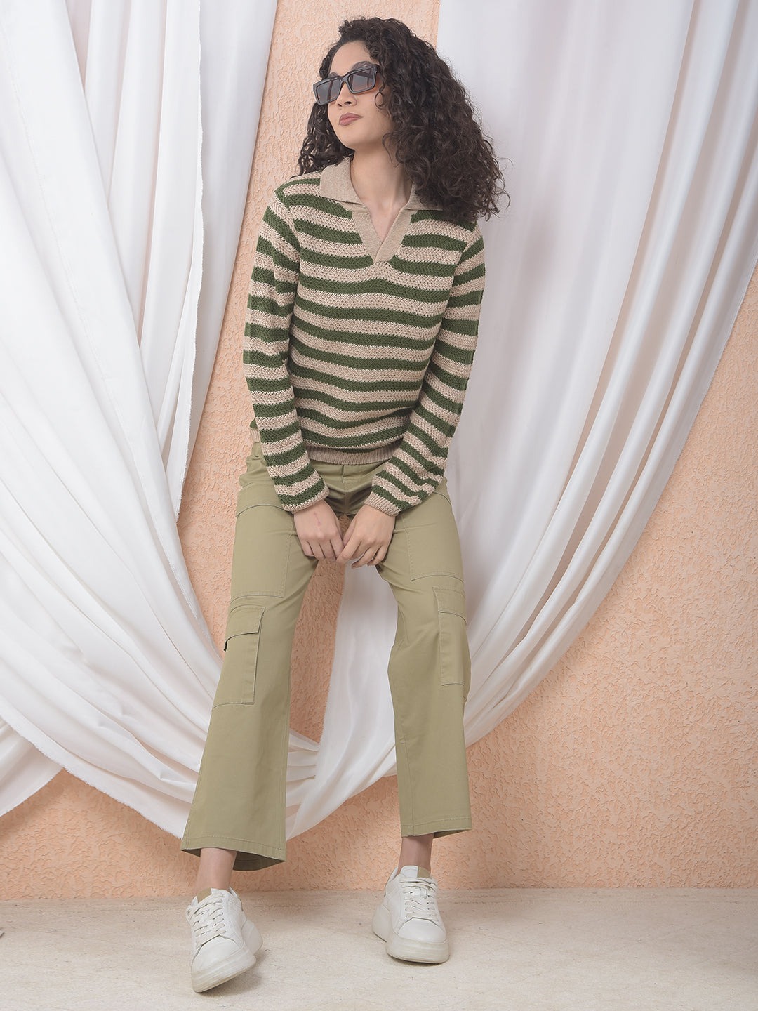Olive Horizontal Stripes Sweater-Women Sweaters-Crimsoune Club