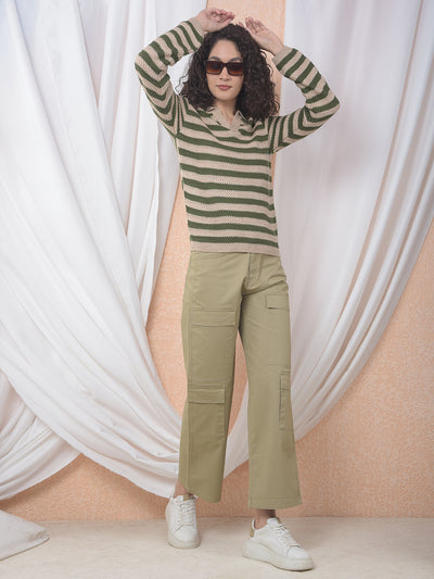 Olive Horizontal Stripes Sweater-Women Sweaters-Crimsoune Club