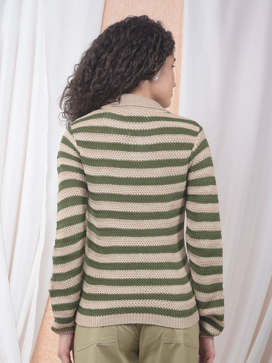 Olive Horizontal Stripes Sweater-Women Sweaters-Crimsoune Club