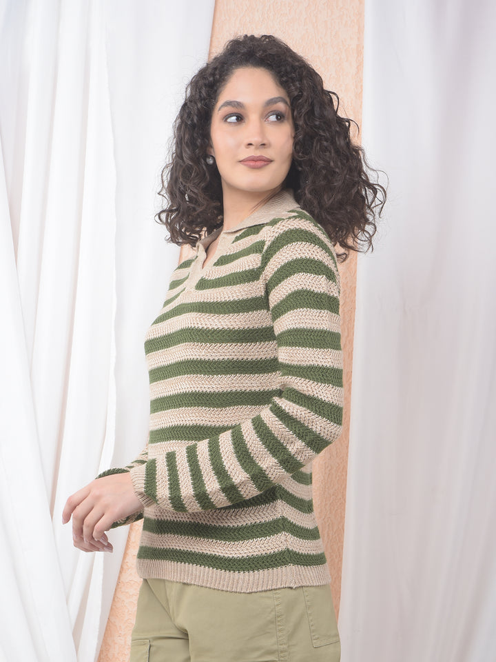 Olive Horizontal Stripes Sweater-Women Sweaters-Crimsoune Club